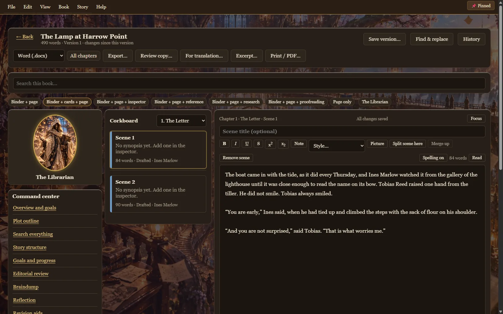 The manuscript screen: a list of chapters on the left, a corkboard of scene cards in the middle, and the text of a scene on the right.