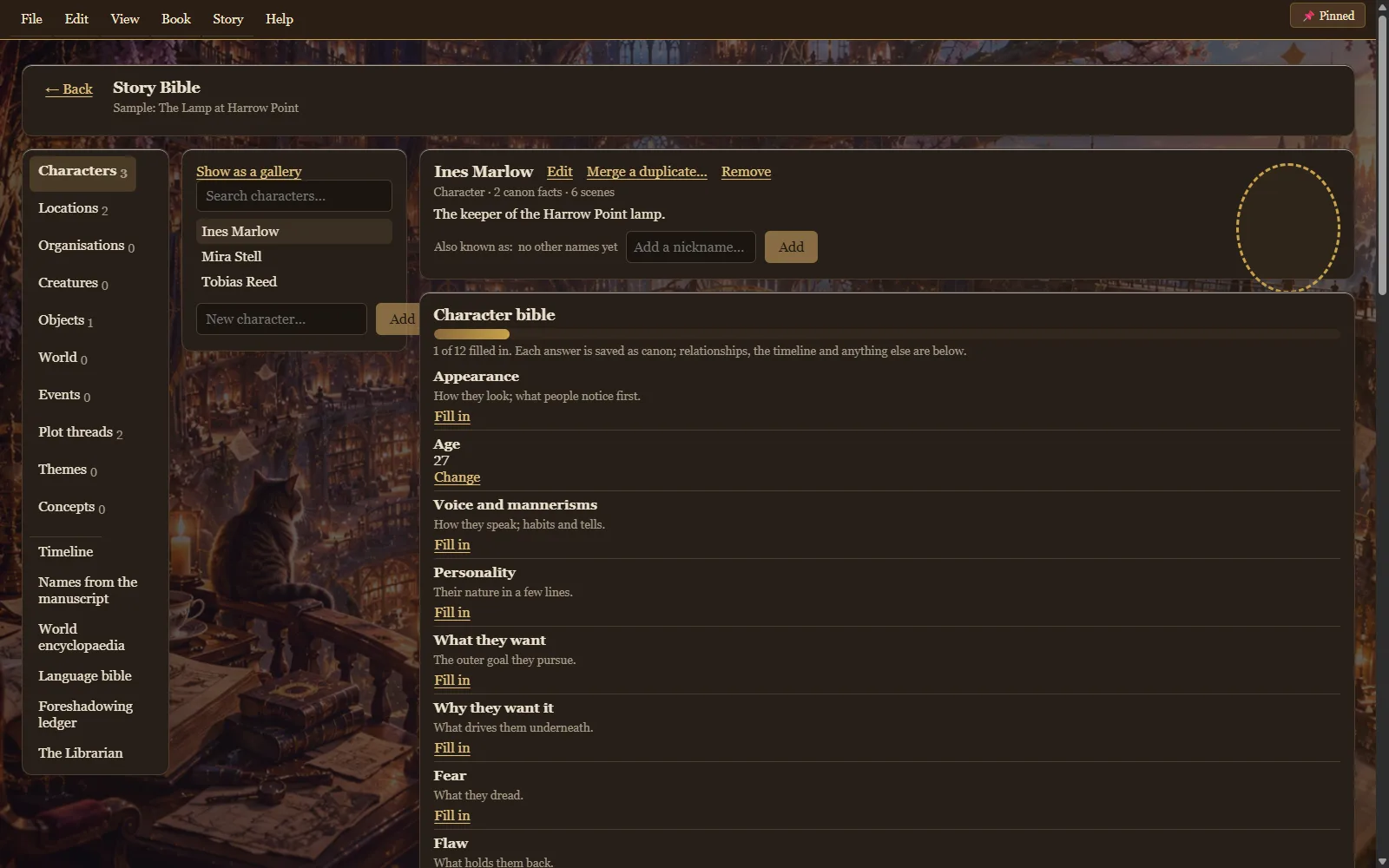 The Story Bible open at a character, Ines Marlow, with her canon facts and a character questionnaire.